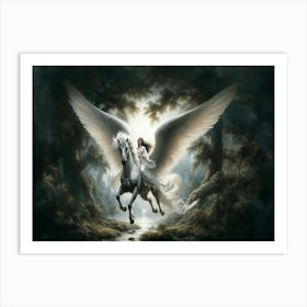 A Light In The Dark, A majestic white Pegasus with expansive wings soars with an ethereal rider through a mystical forest. Sunlight filters through the canopy, illuminating the misty ambiance of this enchanting scene. classic art Art Print