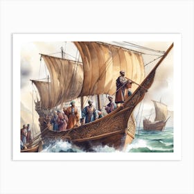 Viking Ship AI watercolor Art Print