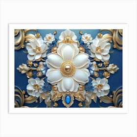 An Intricate 3d Artwork Illustration With A White And Blue Backdrop, Embellished With Gold Jewelry 1 Art Print