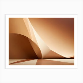 Minimalist 3d Rendering Of An Empty, Peach Colored Room With An Abstract, Folded Paper Like Structure In The Center Art Print