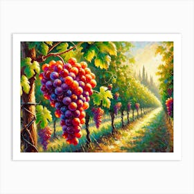 An Impressionist Acrylic Painting Of A Bunch Of Ripe Red And Purple Grapes Hanging From A Vine Art Print