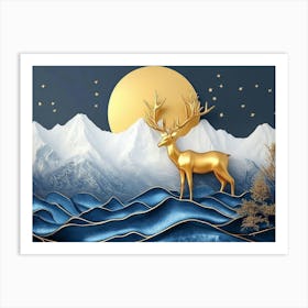 3d Modern Art with Dark Blue and Golden Wave Background Mountains Golden Deer Art Print