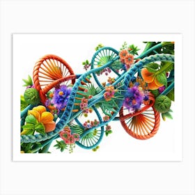 Dna Double Helix With Vibrant Flowers Art Print