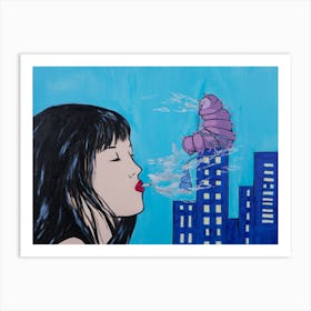 Pop art girl smoking cigarette art print blue Art Print