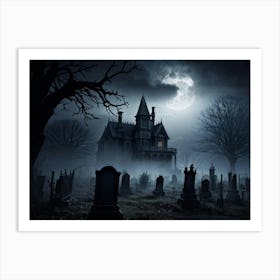 Frightened Souls Hovering Over A Mist Enshrouded Graveyard Full Moon Piercing Through Ominous Cloud Art Print