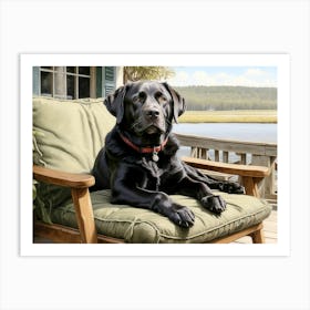 An Old Back Lab Lounges Comfortably in a chair on the Porch of a River Dock House, Enjoying the Serene View of the Marshlands Art Print