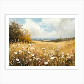 Wildflower Field Landscape Oil Painting, Vintage Autumn Landscape Print, Neutral Country Field Wall Art , Nature Art Print