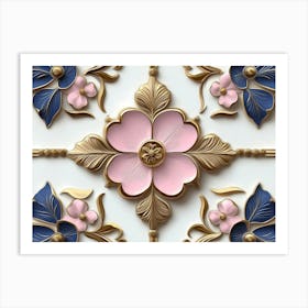 Seamless Sculpture Retro Pattern Curve Cross Pink Flower Leaf Gold Art Print