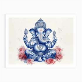 3d Pencil Sketch Drawing Of Indian God Ganesh Blue Tone In White Background Art Print