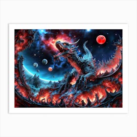 Majestic Dragon's Ascent from Blazing Mountainside in Distant Galaxy Art Print