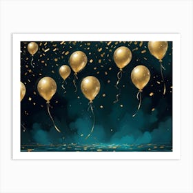 A Celebration Scene With A Group Of Gold Balloons Floating Against A Dark Green Background Art Print