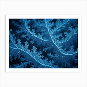 Intricate, Delicate, Icy Blue Fractal Patterns On A Dark Background, Resembling Frost Crystals Or Frozen Foliage Art Print