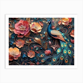 Elegant Leather Base Combines Bright Color Floral with Exotic Oriental Pattern Flowers and Peacocks 1 Art Print