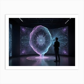 A Man Stands In A Dark Room Illuminated By Large Screens Displaying Intricate, Glowing Patterns And A Central Holographic Orb Art Print