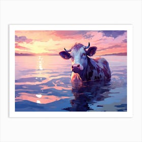 Cow In The Water At Sunset Art Print