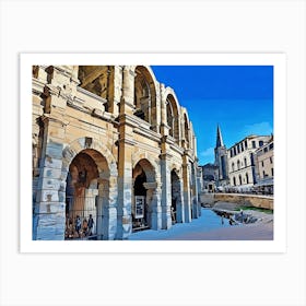 Roman Amphitheater in Arles. The image showcases the ancient Roman amphitheater in Arles, France. The imposing stone structure features a series of arches and columns, with a weathered facade and a hint of the interior visible. The amphitheater stands against a backdrop of a clear blue sky, with a church spire peeking out in the distance. Art Print