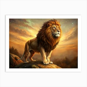 Majestic Lion Standing On A Rock At Sunset Art Print