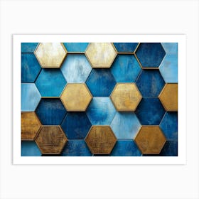 3D Blue And Gold Hexagons Art Print