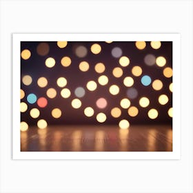 A Blurred Background Of Golden Circles, Resembling Bokeh Lights, With A Wooden Surface In The Foreground Art Print