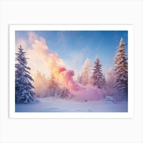 Baby Blue Pink Yellow And Light Magenta Smoke Swirling Amidst Snow Dusted Pine Trees In A Winter Art Print