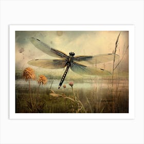 Dragonfly In Meadow Flowers Vintage 2 Art Print