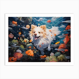 Pomeranian Dog Swimming In The Sea Art Print