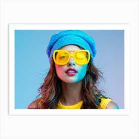 Girl With Blue Face Cap Donning Yellow Sunglasses Styled In A Modern And Youthful Fashion For A He Art Print