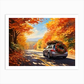 Autumnal Landscape Autumnal Leaves Cascading Down As A Car Adorned With Holiday Wreaths And Ribbon (2) Art Print