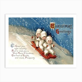 Christmas Quote With Sledding Kids On Snow Art Print