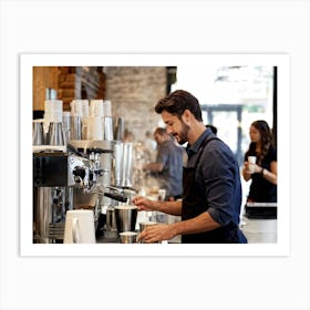 Barista Focused On Pouring Water Into A Step By Step Dripper Amid The Bustling Ambiance Of A Busy C (2) Art Print