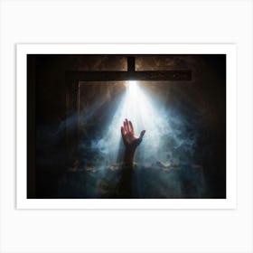 An Ultra Realistic Depiction Of A Hand Raised In A Gesture Of Prayer Emerging From Darkness Into A Art Print