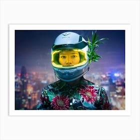 Portrait Set In The Future Subject Wearing A Helmet With Integrated Glowing Light Intertwined With Art Print