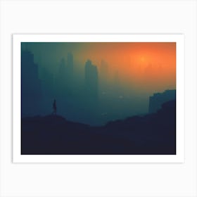 Cyberpunk City Skyline At Sunset Art Print