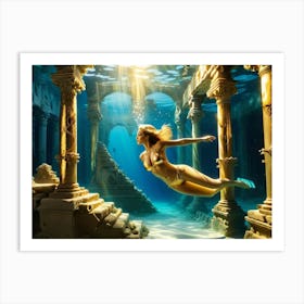 Woman swimming in gold underwater ruin 11 Art Print