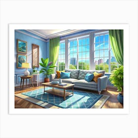 Living Room Interior With Light Blue Walls And Large Windows Art Print