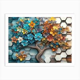 Fantasy 3d On Wooden Oak With White Lattice Tiles, Tree With Kaleidoscopic Leaves Art Print