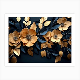 Gold Flowers On A Black Background Art Print