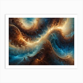 Abstract Image Of Swirling, Flowing, Clouds In Shades Of Blue, Brown, And Gold, Resembling A Cosmic Landscape Or A Dreamlike Vision Art Print