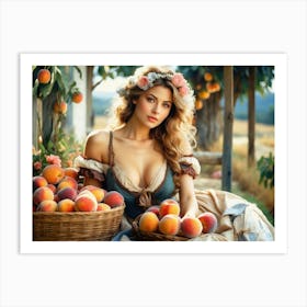 Beautiful And Alluring Blonde In Low Cut Dress With Peaches Art Print