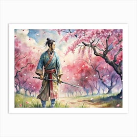 A Samurai In Traditional Clothing Standing In A Cherry Blossom Forest, Holding A Sword Art Print