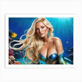 A Blonde Mermaid At Rest In The Tropics Art Print