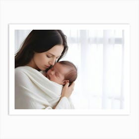 Young Mother Holding Her Newborn Baby In Her Arms, Standing By The Window Art Print