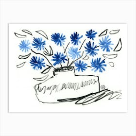 Blue Flowers In A Vase - floral blue black hand painted Art Print