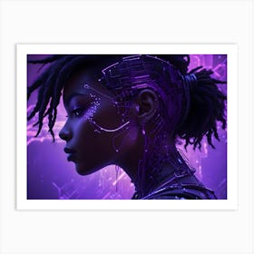 A Portrait Of A Young Woman With A Futuristic, Cyberpunk Aesthetic, Featuring Glowing Purple Lines And A Stylized Hairstyle Art Print