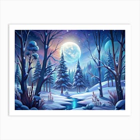 Winter Forest Scene With Snow And A Full Moon Art Print