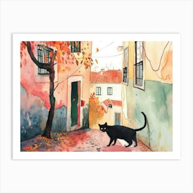 Lisbon, Portugal   Cat In Street Art Watercolour Painting 1 Art Print