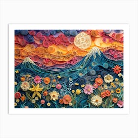 Paper Quilling Landscape and Spring Flowers Art Print