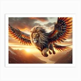 Lion-Bird Flight at Sunset Fantasy Art Print