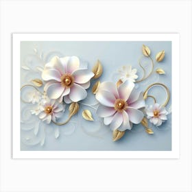 3d Art With White And Pink Flowers, Golden Swirls And Leaves On Light Blue 1 Art Print