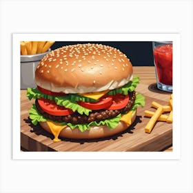 Juicy Burger With Cheese, Tomato, Lettuce And French Fries Art Print